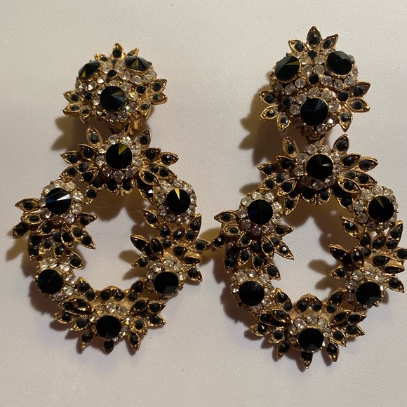 THELMA DEUTSCH EARRINGS:Vintage 80’s GOLD/BLACK STONES/ RHINESTONE large Dangle - Picture 1 of 4